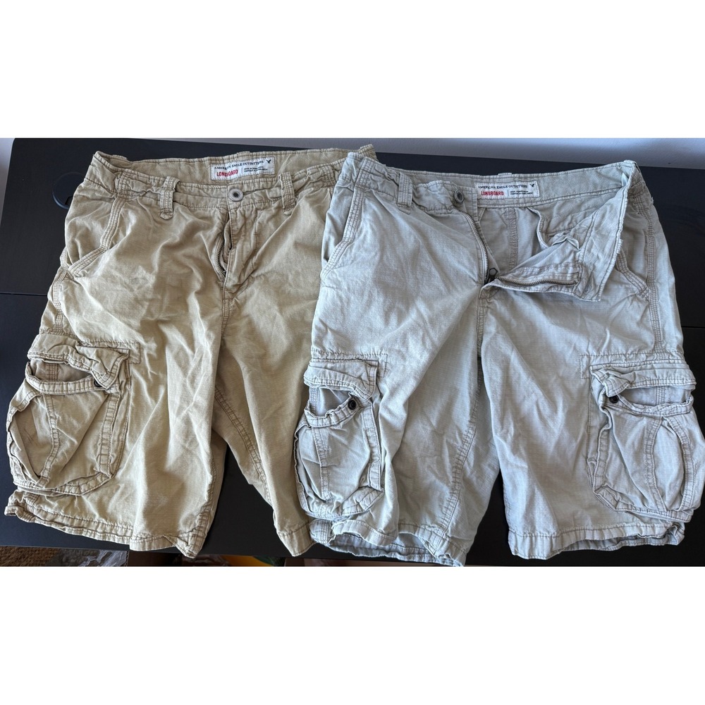 Lot 2 American Eagle Longboard Cargo Shorts Mens 32 Khaki Green Ripstop Cotton